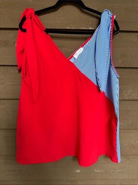 Sugarfox Shoulder Tie-Shoulder Tank with Blue-White Stripe Accent size 1X